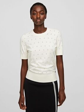 Karl Lagerfeld Ivory Dot-Textured Short Sleeve Sweater